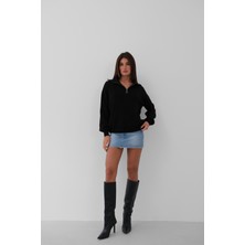Black Fashion Fermuarlı Oversize Siyah Triko Kazak