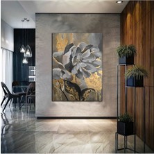 Limitless Design Çiçek Tablosu Altın Sarısı- Gri Yaglı Boya Efektli Ee3