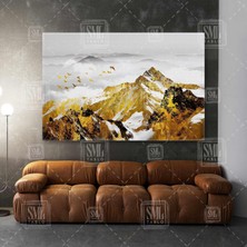 Sml Tablo Altın Dağlar Etrafından Uçan Gold Kuşlar Sisli Doğa Manzarası Modern Yatay Kanvas Tablo