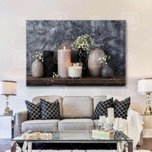 Sml Tablo Beyaz Cipso Çiçekleri Yanan Beyaz Mumlar Antrasit Vazo Romantik Modern Yatay Kanvas Tablo