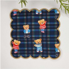 Deco Lacivert Ekose Zemin Teddy Ayıcıklı Dijital Baskılı Kenarı Nakışlı Kokteyl Peçetesi