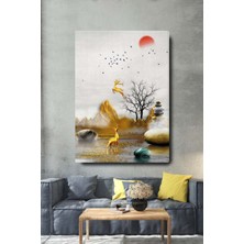 Limitless Design Dekoratif Soyut Altın Geyikli Ağaç ve Taşlar Sürreal Kanvas Duvar Tablosu