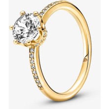 Lines Bijuteri Şeffaf Işıltılı Taç Tektaş Yüzük Gold Renk