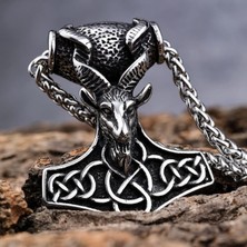 Geekland Viking Thor Mjölnir Temalı Erkek Kolye | Keçi Başı | Paslanmaz Çelik | 60 cm Zincir