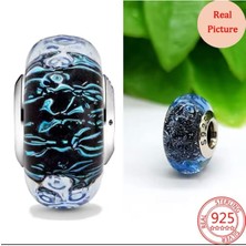 Lines Bijuteri Dalgalı Koyu Mavi Murano Cam Okyanus Charm