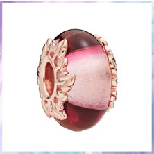 Lines Bijuteri 925 Ayar Pembe Murano Camı ve Yaprak Charm'ı