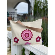 Çiçekler ve Mandala (Pembe/fuşya) Örgülü Bez Omuz Çantası