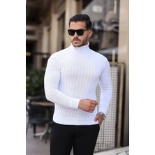 Roberto Bornova Beyaz Slim Fit Boğazlı Fitilli Triko Kazak