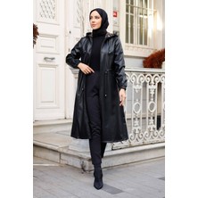 Pamuk Butik Kadın Kapüşonlu Cepli Deri Kap -PMK331 Trend Stil ile Şık ve Rahat Kullanım