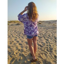 Mor Yaprak Desenli Kimono Sabahlık