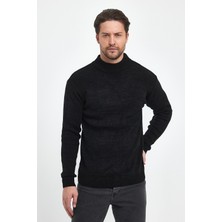 The Rule Erkek Siyah Regular Fit Yarım Balıkçı Yaka Dokulu Desenli Triko Kazak RF0446