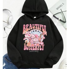 Kids Face Özel Tasarım Kapüşonlu Beautıful Butterfly Baskılı Kışlık Kız Bebek-Çocuk Sweatshırt