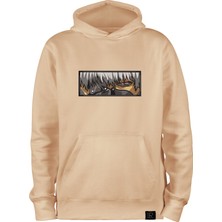 Loviras Oversize Unisex Kapşonlu Sweatshirt Ken Kaneki Anime Nakışlı Hoodie Erkek Kadın Bej Pamuklu Sweat