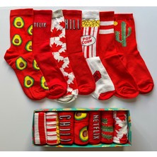 Socks And More Kırmızı Renkli Desenli 7'li Çorap Kutusu Unisex Renkli Soket Kolej Çorap