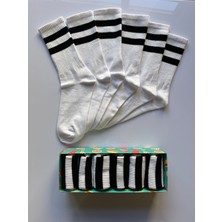 Socks And More Çizgili Beyaz 6'lı Çorap Kutusu Soket Uzun Unisex Kolej Soket Gym Sm