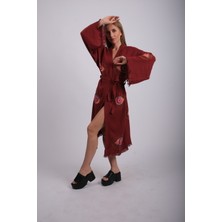 Bordo Ağaç Baskı Mistik Göz Desenli Kuşaklı Üç Kat Müslin Kimono , Sabahlık , Bornoz