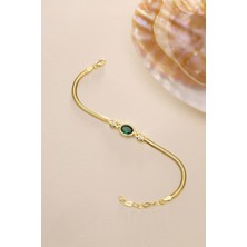 Nereze 925 Ayar Gümüş Balık Sırtı Model Zincirli Gold Oval Yeşil Taşlı Bileklik
