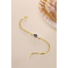 Nereze 925 Ayar Gümüş Balık Sırtı Model Zincirli Gold Oval Mavi Taşlı Bileklik
