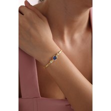 Nereze 925 Ayar Gümüş Balık Sırtı Model Zincirli Gold Oval Mavi Taşlı Bileklik