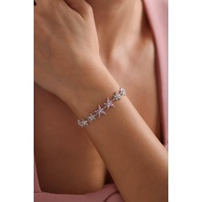 Nereze 925 Ayar Gümüş Rodyum Kaplama Pembe Taşlı Sıralı Lotus Çiçeği Bileklik