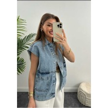 Vess Moda Kadın Salaş Mavi Jean Kot Yelek Lüx Kalite Kısa Kol V Yaka Standart Kesim