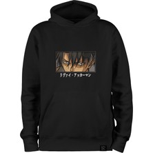 Loviras Oversize Siyah Anime Unisex Hoodie Levi Ackerman Nakışlı Pamuklu Kapşonlu Sweatshirt Kanguru Cepli
