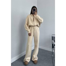 Neşeli Butik Kadın Eşofman Takımı GTS018 Bej 3 İplik Şardonlu Rahat Kumaş Özelliği ile