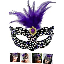 Çerçici Siyah Kadife Üzeri Rengarenk Payetli Pullu Mor Tüylü Mor Taşlı Parti Maskesi 19X21 cm