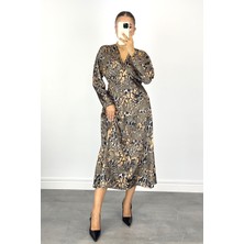 Kadın Yeşil Leopar Desenli Midi Elbise