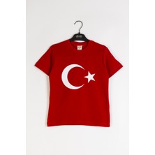 Dmb Boys & Girls Ay ve Yıldız Baskılı Pamuklu Kırmızı Kısa Kollu Tören 29 Ekim 10 Kasım Erkek ve Kız Çocuk T-Shirt