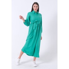 Feminist Yeşil Beli Lastikli Gömlek Yaka Kuşaklı Tesettür Elbise 4593296.07