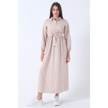 Feminist Taş Beli Lastikli Gömlek Yaka Kuşaklı Tesettür Elbise 4593296.50