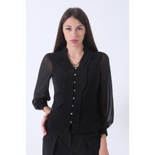 Feminist Siyah Fırfır Aksesuarlı Düğmeli Gömlek 4202760.01