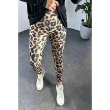 Butik Gardrop Geniş Kemer Leopar Desenli Kadın Tayt Camel