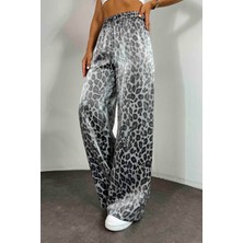 Butik Gardrop Leopar Desen Parlak Saten Pantolon Gri