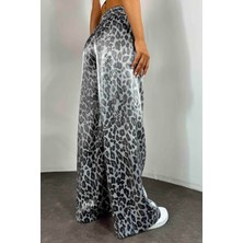 Butik Gardrop Leopar Desen Parlak Saten Pantolon Gri