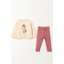 Magu Kız Çocuk Loved Desenli Pamuklu Sweatshirt Tayt Alt-Üst Takım