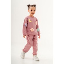 Magu Kız Çocuk Blom Pembe Kabartma Çiçek Pamuklu Sweatshirt Eşofman Alt-Üst Takım