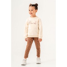 Magu Kız Çocuk Çiçek Desenli Kışlık 3 Iplik Pamuklu Sweatshirt Tayt Alt-Üst Tokalı Takım