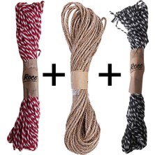Roco Paper Co. Doğal Jute Ip-Twine Baker Kırmızı Beyaz -Siyah Beyaz Ip, 3lü Set, Hediye Paketleme, Yılbaşı Süsleme Ipleri, 3X10 Metre