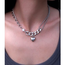 Roosvel Kalp Charmlı Zincir Çelik Kolye / Bubble Heart Chain Kolye