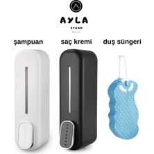 Ayla Stand 300 ml Duvara Monte Sıvı Sabunluk Seti (Beyaz ve Siyah) Duş Süngeri