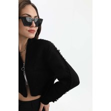 Isawella Önü Oval Fermuarlı Hırka - Siyah