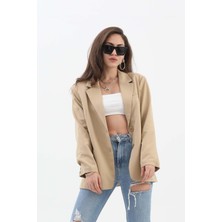 Isawella Kadın Kruvaze Yaka Oversize Blazer Ceket - Vizon