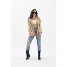 Isawella Kadın Kruvaze Yaka Oversize Blazer Ceket - Vizon
