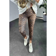 Butik Gardrop Geniş Kemer Leopar Desenli Kadın Tayt Somon