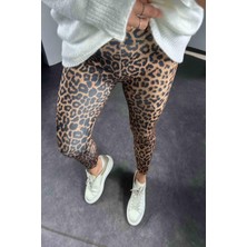 Butik Gardrop Geniş Kemer Leopar Desenli Kadın Tayt Somon