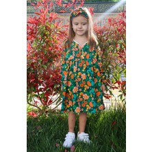 RG Brand Kız Çocuk Saç Bantlı, Çiçek Desenli Fırfırlı %100 Pamuk Elbise_RG1458