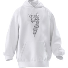 Nmg Tekstil Unisex Premium Pamuk Beyaz  Baykuş Taşlı Desen Baskılı 3 Iplik Kapüşonlu Sweatshirt