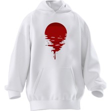 Nmg Tekstil Unisex Premium Pamuk Beyaz  Bordo Dolunay Baskılı 3 Iplik Kapüşonlu Sweatshirt